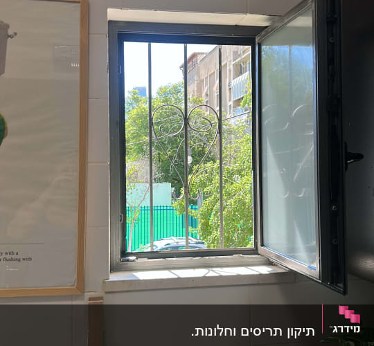 חלון פתוח עם סורגים וצמח בעציץ